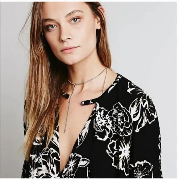 Free People Black Cream Floral Tree Swing Tunic Mini Long Sleeve Key Hole Dress