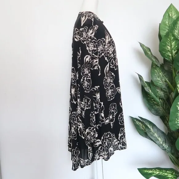 Free People Black Cream Floral Tree Swing Tunic Mini Long Sleeve Key Hole Dress