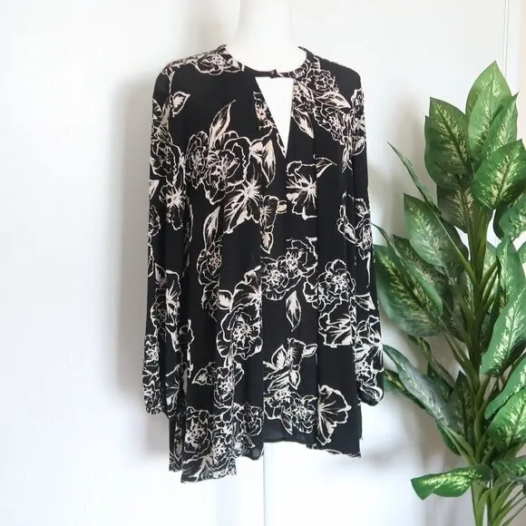 Free People Black Cream Floral Tree Swing Tunic Mini Long Sleeve Key Hole Dress