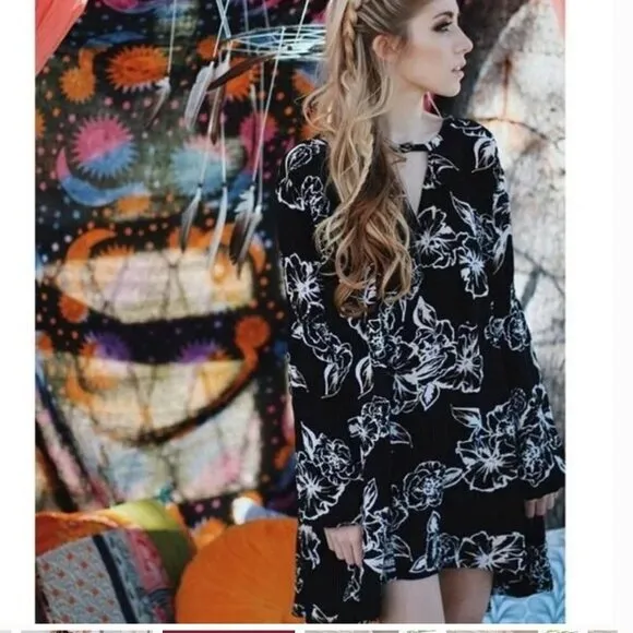 Free People Black Cream Floral Tree Swing Tunic Mini Long Sleeve Key Hole Dress