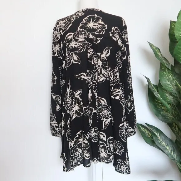 Free People Black Cream Floral Tree Swing Tunic Mini Long Sleeve Key Hole Dress
