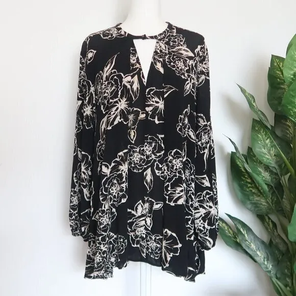 Free People Black Cream Floral Tree Swing Tunic Mini Long Sleeve Key Hole Dress