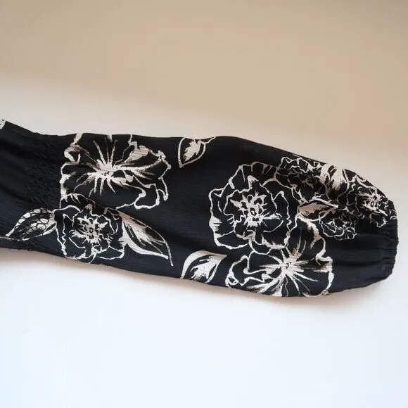 Free People Black Cream Floral Tree Swing Tunic Mini Long Sleeve Key Hole Dress