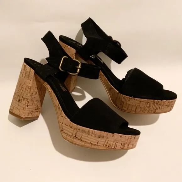 Free People Brooke Black Suede Platform Stiletto Block Heels Summer Sandals 39