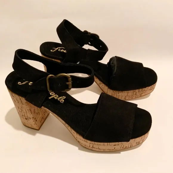 Free People Brooke Black Suede Platform Stiletto Block Heels Summer Sandals 39
