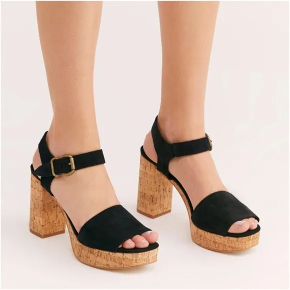 Free People Brooke Black Suede Platform Stiletto Block Heels Summer Sandals 39