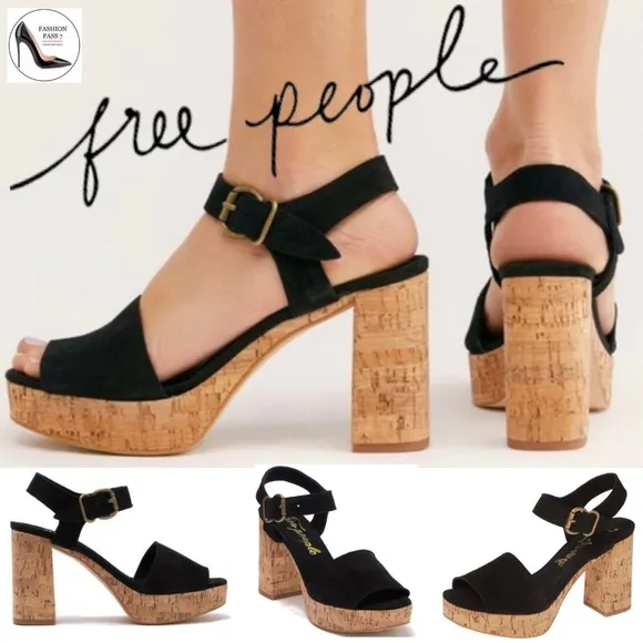 Free People Brooke Black Suede Platform Stiletto Block Heels Summer Sandals 39