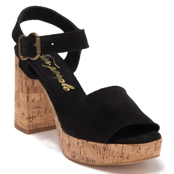 Free People Brooke Black Suede Platform Stiletto Block Heels Summer Sandals 39