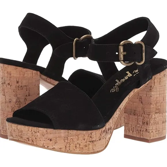 Free People Brooke Black Suede Platform Stiletto Block Heels Summer Sandals 39
