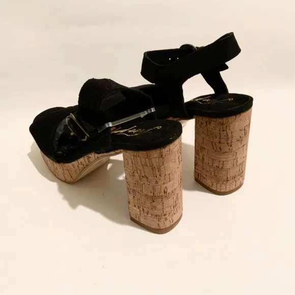 Free People Brooke Black Suede Platform Stiletto Block Heels Summer Sandals 39