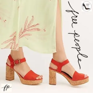 Free People Brooke Red Suede Platform Stiletto Block Cork Heel Summer Sandal 38