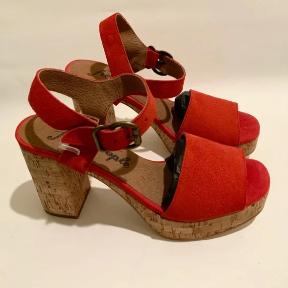 Free People Brooke Red Suede Platform Stiletto Block Cork Heel Summer Sandal 38