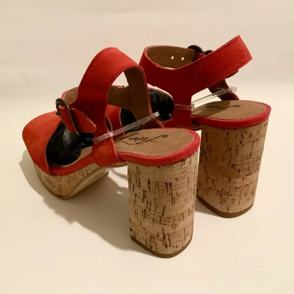 Free People Brooke Red Suede Platform Stiletto Block Cork Heel Summer Sandal 38