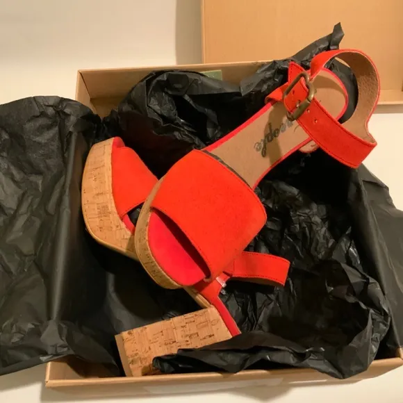 Free People Brooke Red Suede Platform Stiletto Block Cork Heel Summer Sandal 38