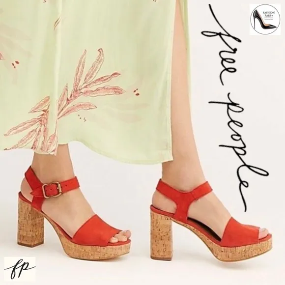 Free People Brooke Red Suede Platform Stiletto Block Cork Heel Summer Sandal 38