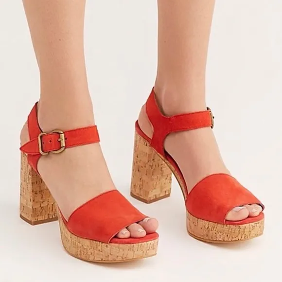 Free People Brooke Red Suede Platform Stiletto Block Cork Heel Summer Sandal 38