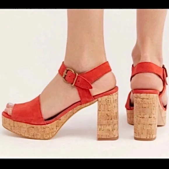 Free People Brooke Red Suede Platform Stiletto Block Cork Heel Summer Sandal 38