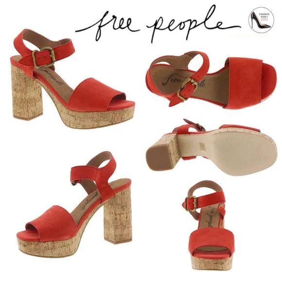 Free People Brooke Red Suede Platform Stiletto Block Cork Heel Summer Sandal 38