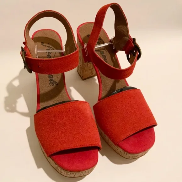 Free People Brooke Red Suede Platform Stiletto Block Cork Heel Summer Sandal 38