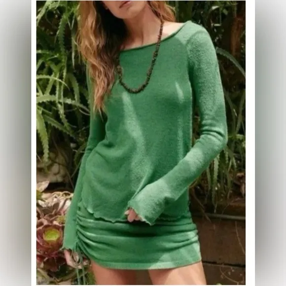 Free People FP beach Cabo‎ green sweater knit lettuce hem top and skirt set new