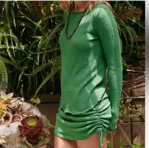 Free People FP beach Cabo‎ green sweater knit lettuce hem top and skirt set new