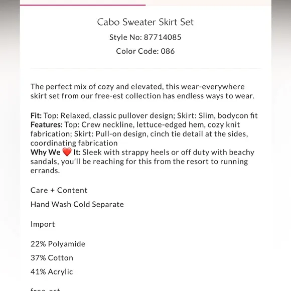 Free People FP Beach Cabo Sweater Skirt Set in Pink NWOT