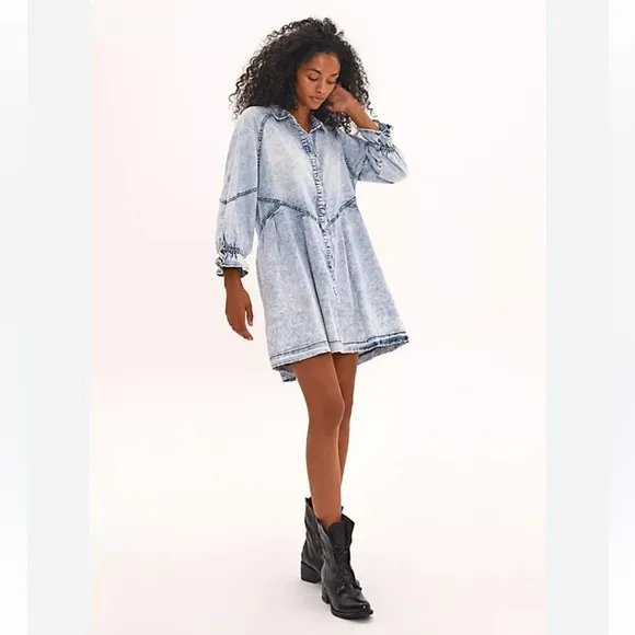 FREE PEOPLE Hannah Blue Denim Acid Washed Button Front Full Skirt Mini Dress