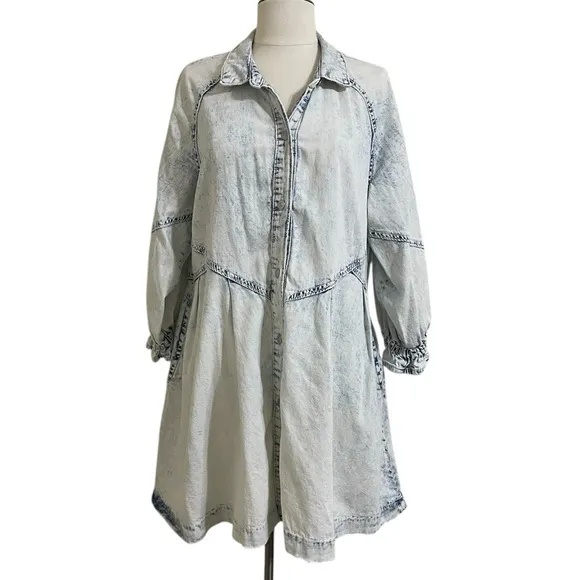 FREE PEOPLE Hannah Blue Denim Acid Washed Button Front Full Skirt Mini Dress