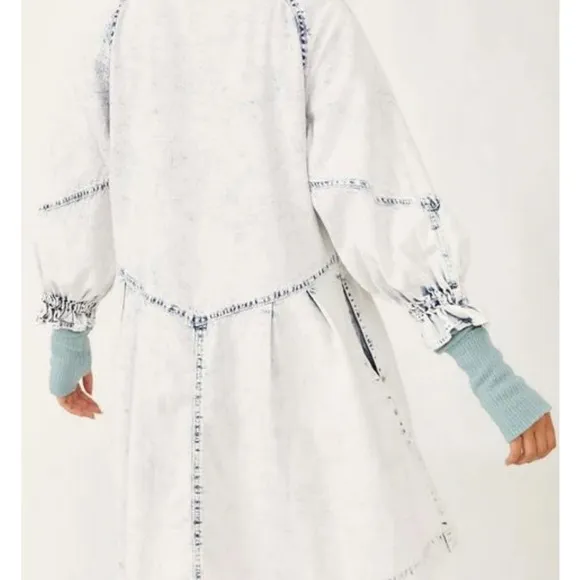 FREE PEOPLE Hannah Blue Denim Acid Washed Button Front Full Skirt Mini Dress