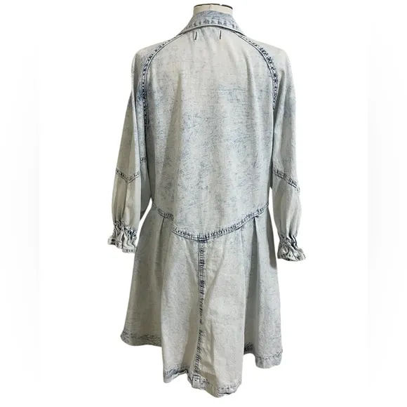 FREE PEOPLE Hannah Blue Denim Acid Washed Button Front Full Skirt Mini Dress