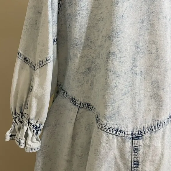 FREE PEOPLE Hannah Blue Denim Acid Washed Button Front Full Skirt Mini Dress