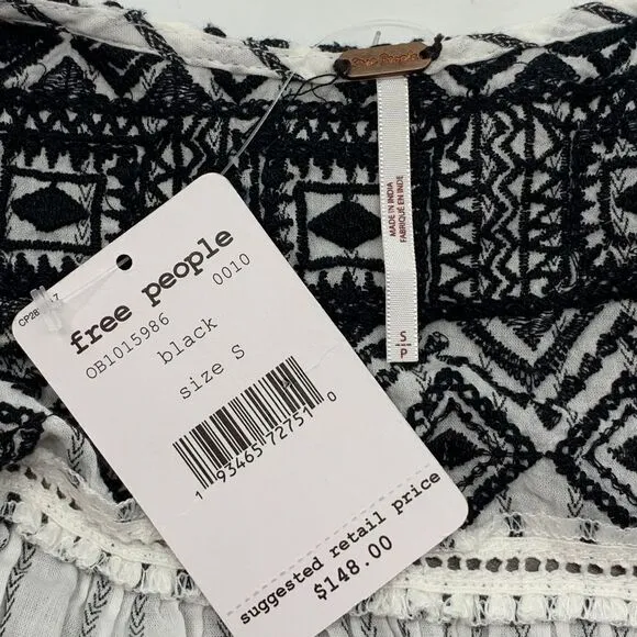 Free People Lola Embroidered Boho Striped Mini Peasant Dress Black/White Size S
