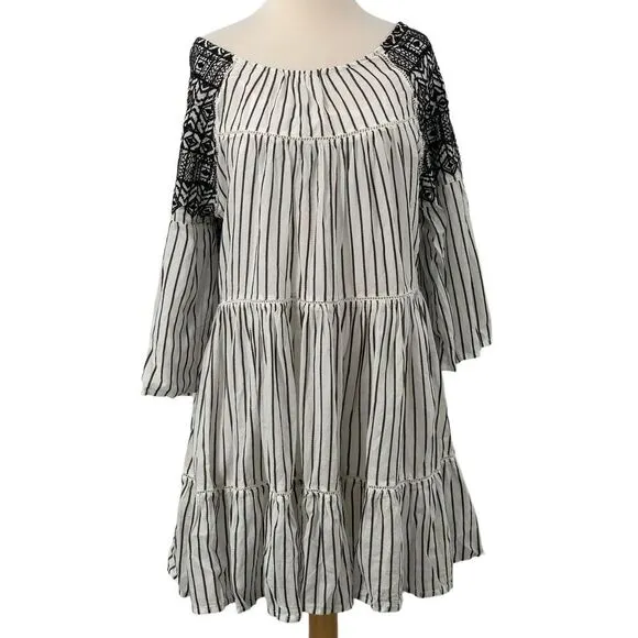 Free People Lola Embroidered Boho Striped Mini Peasant Dress Black/White Size S