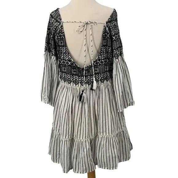 Free People Lola Embroidered Boho Striped Mini Peasant Dress Black/White Size S