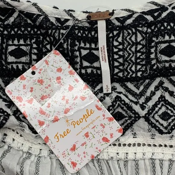 Free People Lola Embroidered Boho Striped Mini Peasant Dress Black/White Size S