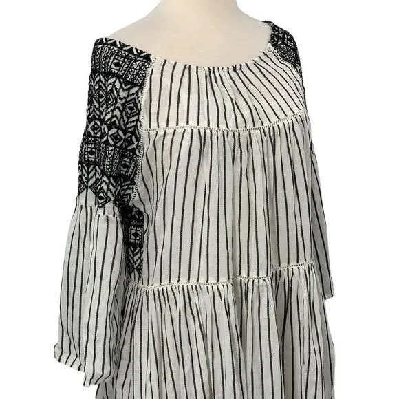 Free People Lola Embroidered Boho Striped Mini Peasant Dress Black/White Size S