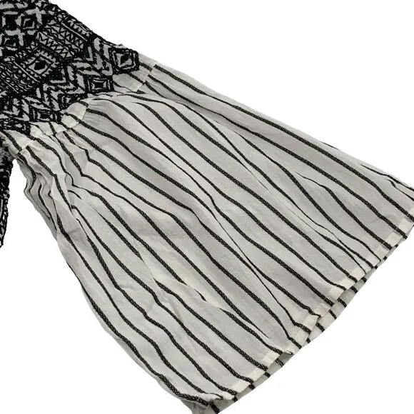 Free People Lola Embroidered Boho Striped Mini Peasant Dress Black/White Size S