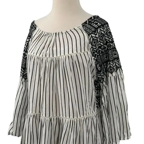 Free People Lola Embroidered Boho Striped Mini Peasant Dress Black/White Size S