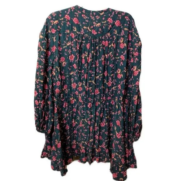 Free People NWT Flower Fields Mini Dress Emerald Button Front Flowy- Size Medium