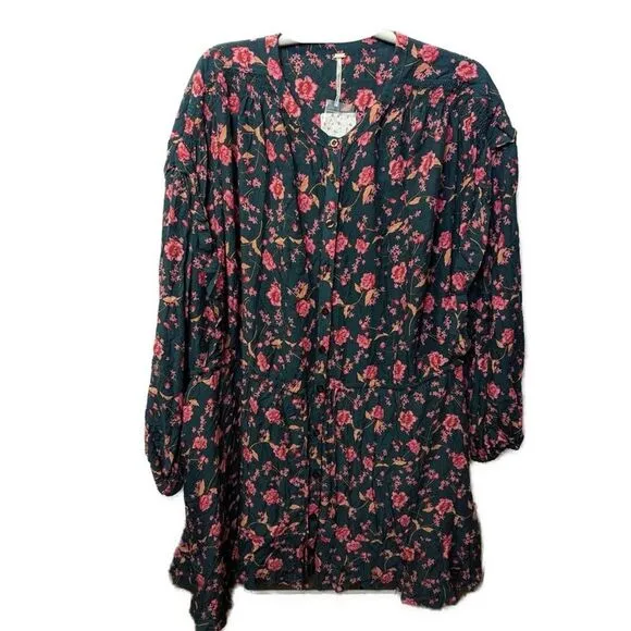 Free People NWT Flower Fields Mini Dress Emerald Button Front Flowy- Size Medium