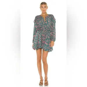Free People NWT Flower Fields Mini Dress Emerald Button Front Flowy- Size Medium