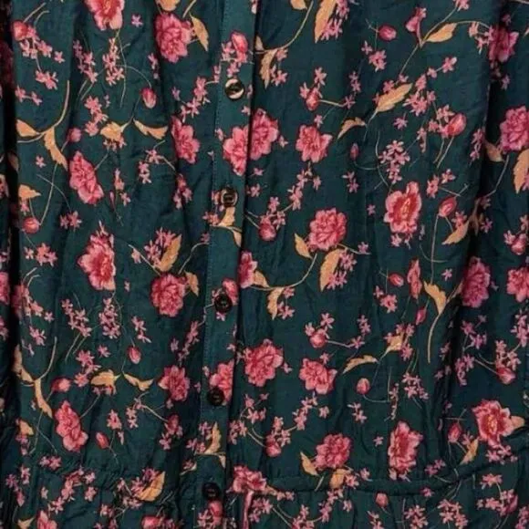 Free People NWT Flower Fields Mini Dress Emerald Button Front Flowy- Size Medium