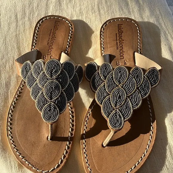 Free People NWT laidback London Blue Gold  hand beaded flat sandal Day Evening