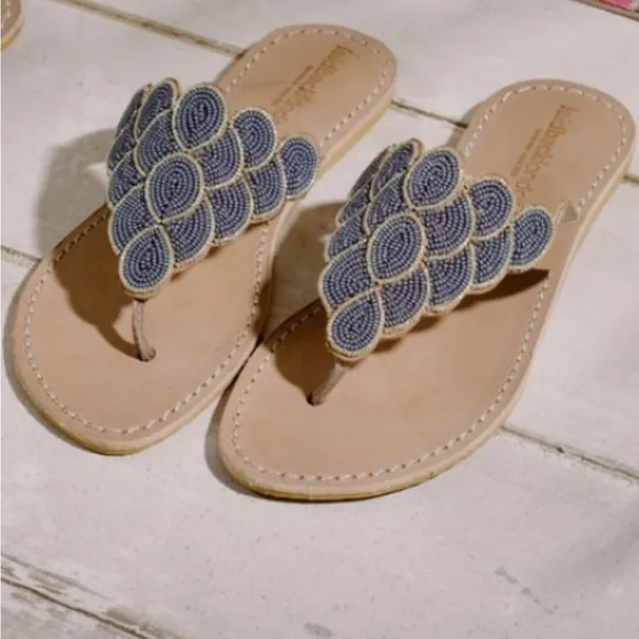 Free People NWT laidback London Blue Gold  hand beaded flat sandal Day Evening