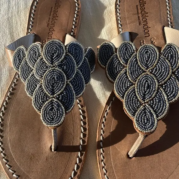Free People NWT laidback London Blue Gold  hand beaded flat sandal Day Evening