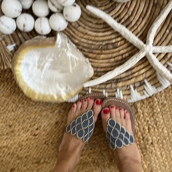Free People NWT laidback London Blue Gold  hand beaded flat sandal Day Evening