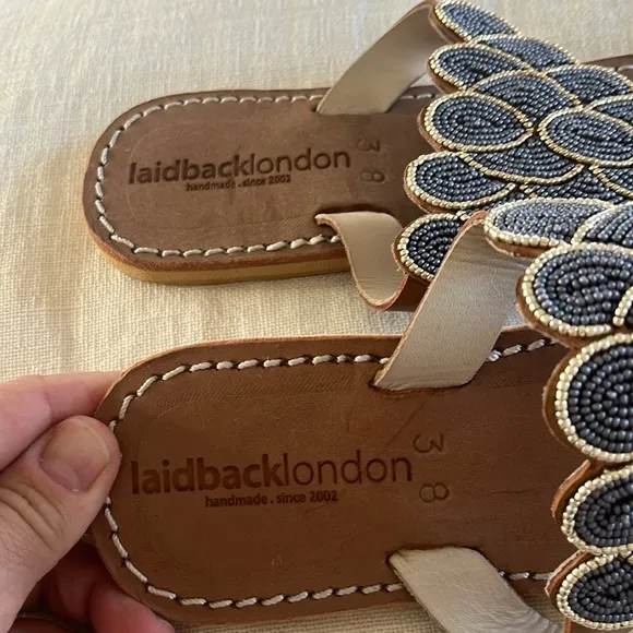 Free People NWT laidback London Blue Gold  hand beaded flat sandal Day Evening