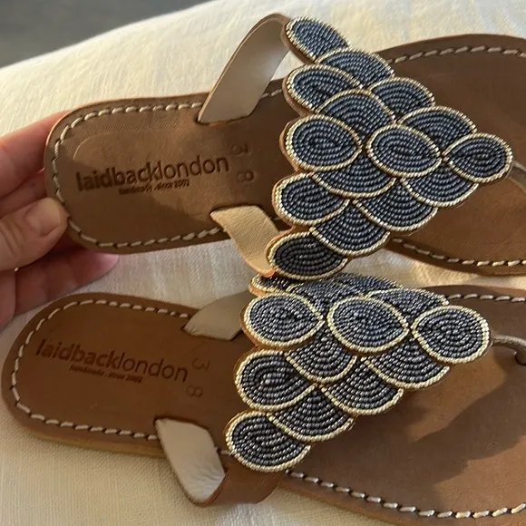 Free People NWT laidback London Blue Gold  hand beaded flat sandal Day Evening
