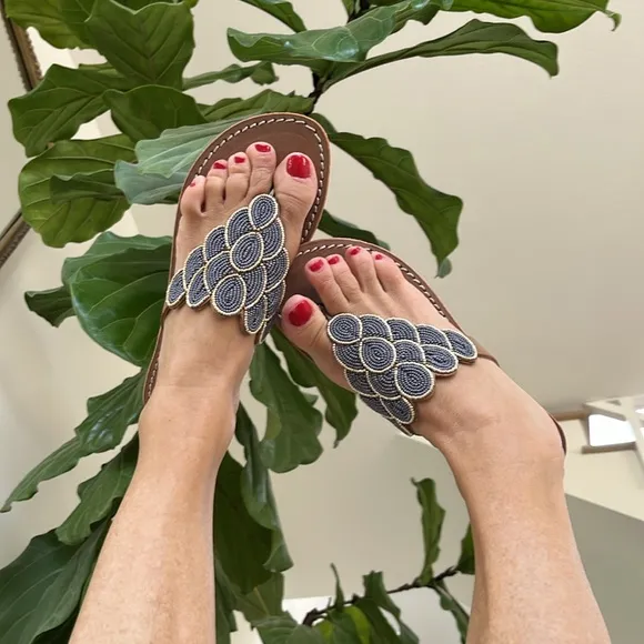 Free People NWT laidback London Blue Gold  hand beaded flat sandal Day Evening