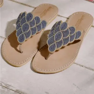 Free People NWT laidback London Blue Gold  hand beaded flat sandal Day Evening